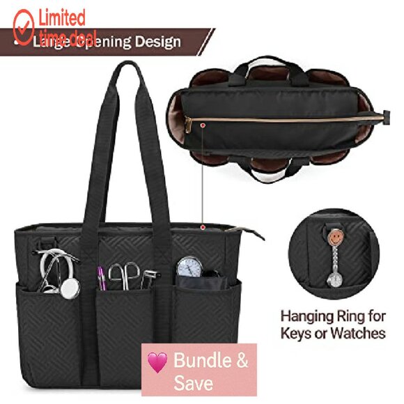 Large Capacity Nurse Tote Bag with Padded Laptop Sleeve & Multiple Pockets - Picture 4 of 7